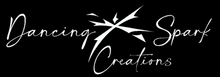 Black background with white, dancy lettering saying "Dancing Spark Creations." There is a little image of a spark dancing between the first two words.