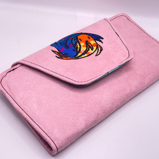 Slim Wallet - Pink Microsuade & Yin Yang fish embroidery